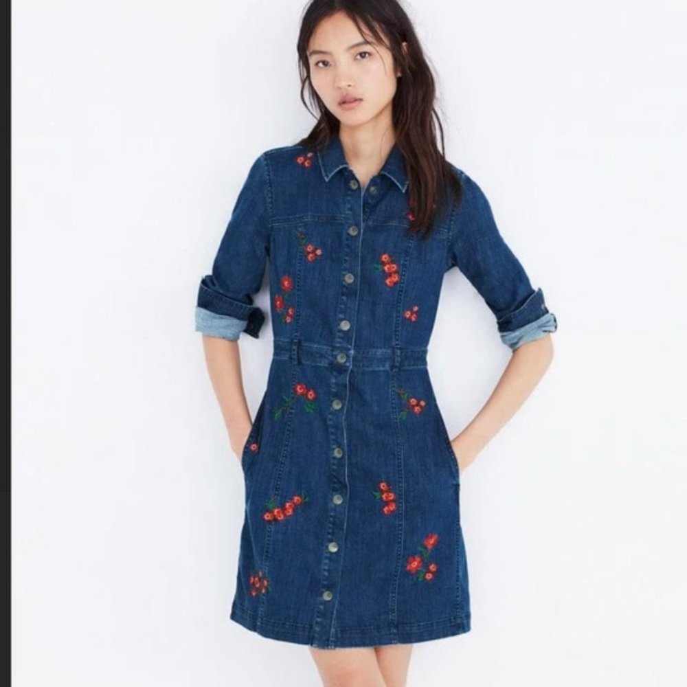 Madewell Denim Mini Dress with Floral Embroidery